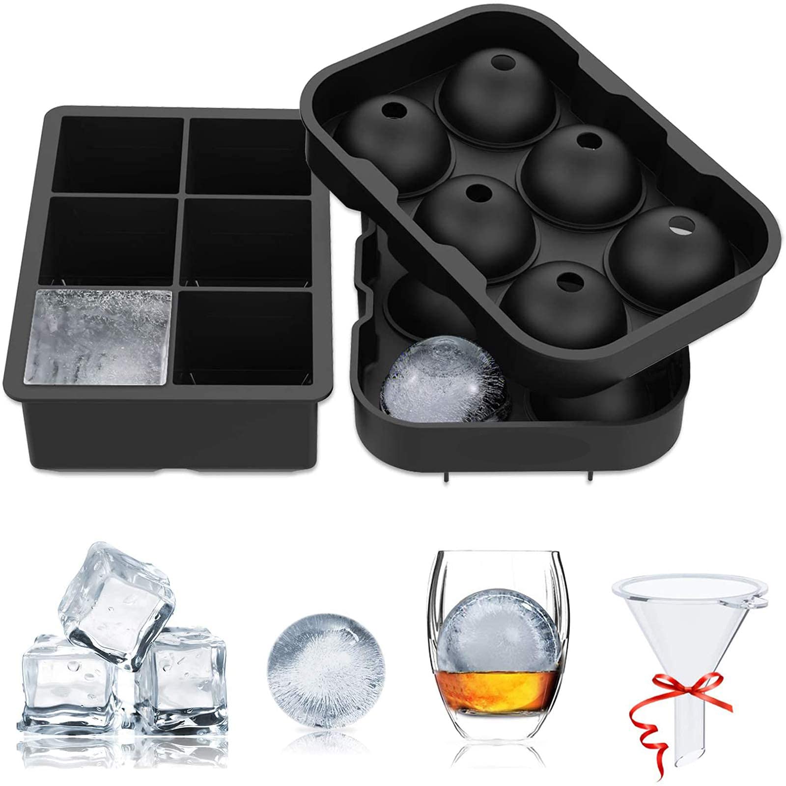 2 Pcs Silicone Ice Cube Tray, Large Ice Cube Moulds & Ice Ball Maker with Funnel, Easy Release, Reusable BPA Free Ice Tray for Cocktails, Whiskey, Baby Food, Fruit, Craft, Homemade