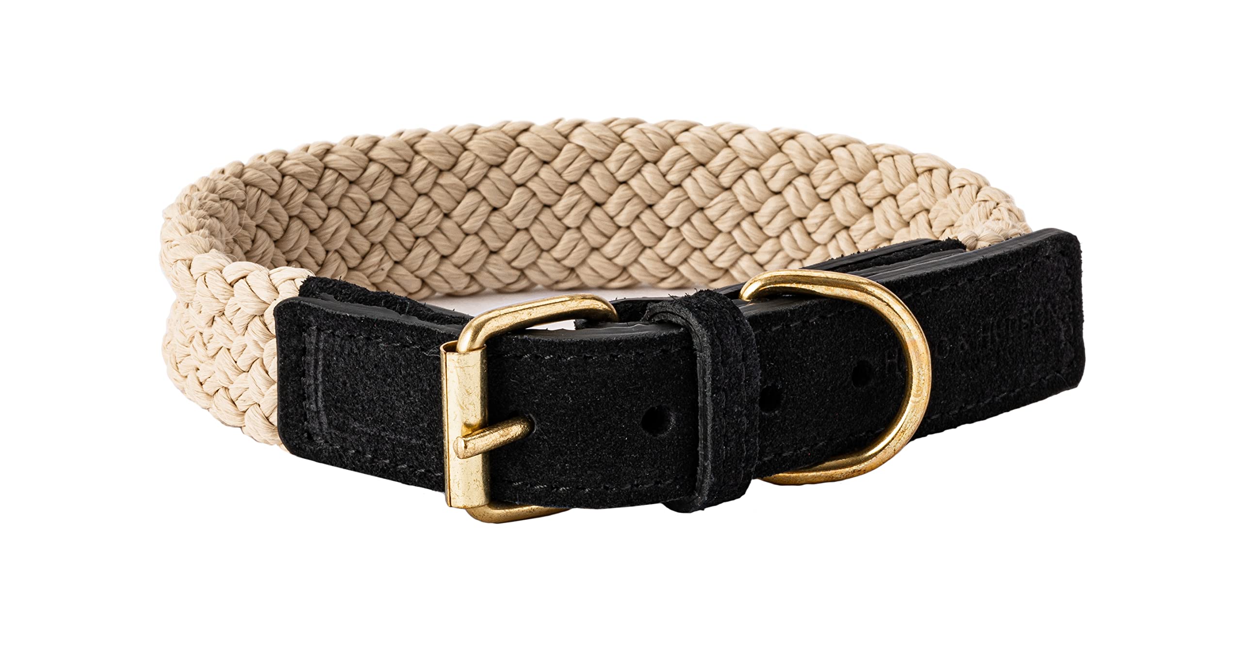 HUGO & HUDSON Luxury Dog Collar, Flat Rope and Leather with Adjustable Metal Buckle, Black 65cm