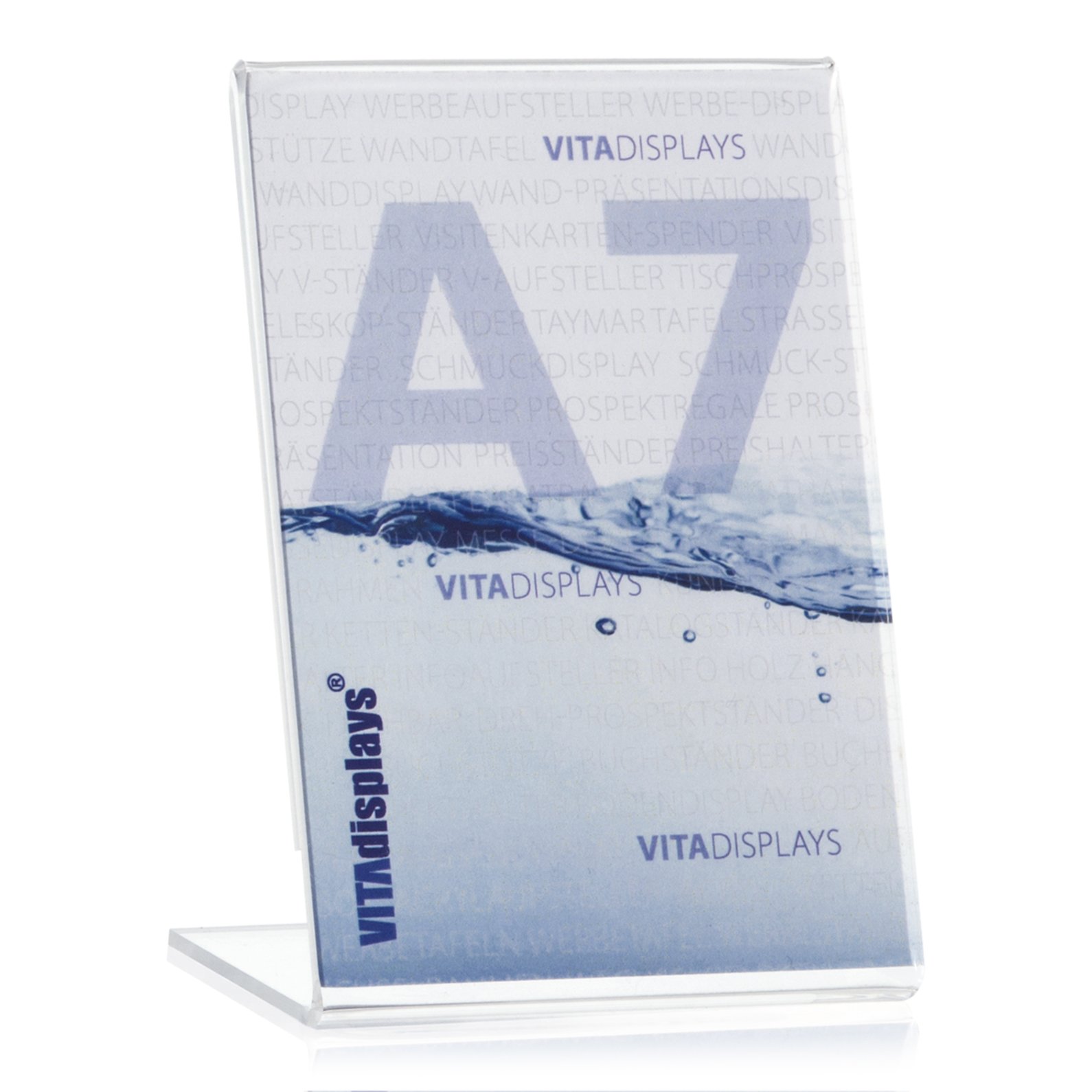 VITAdisplays Advertising Stand as L-Stand, L-Stand in DIN A7 Portrait Format, Price tag Holder, Transparent Table Stand Made of Original Plexiglas