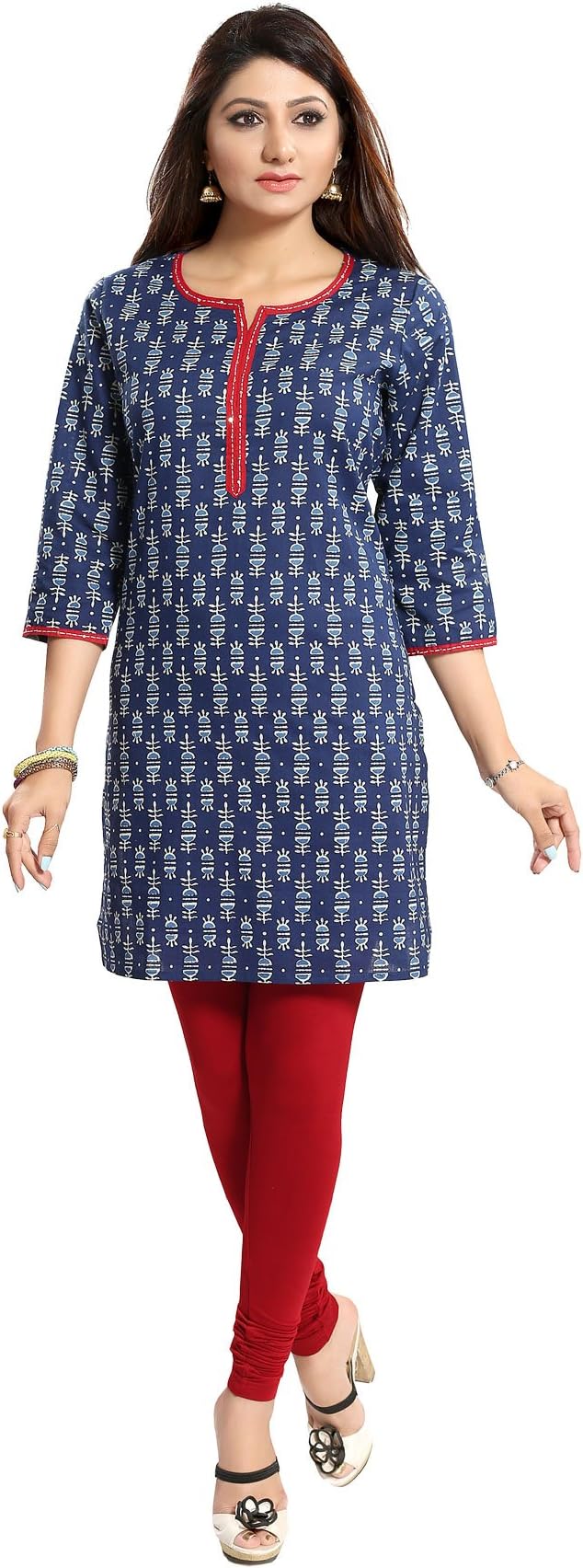 Color Petal® A line Designer Cotton Blue Colour Printed Long Kurti Tunic Top for Women and Girls