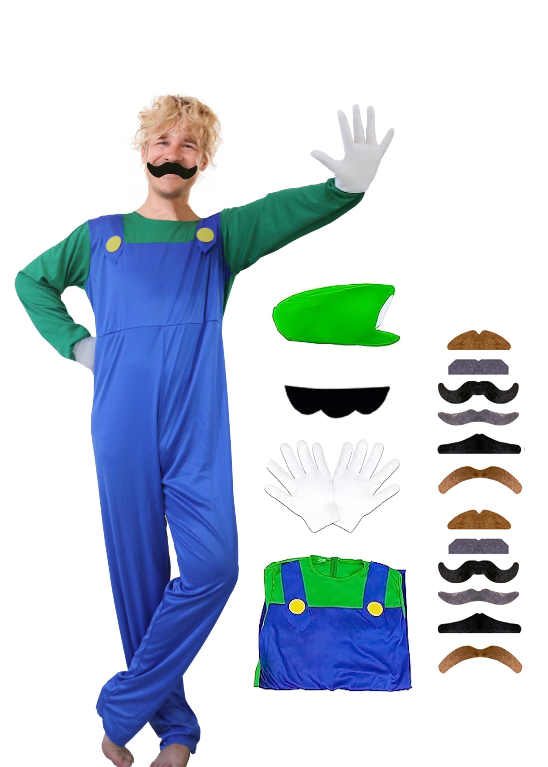 Photo 1 of Colamondeek Super Brothers Costume Adult Plumber Outfit With Hat Gloves Moustache Accessory Green Large