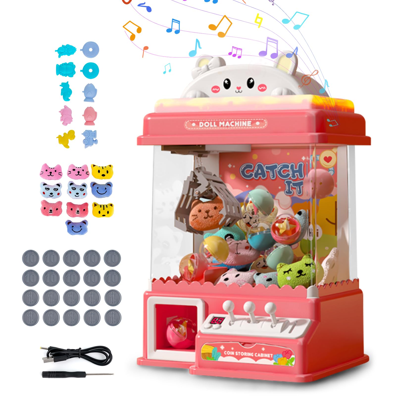 Claw Machine for Kids, Claw Game Machine with Music, 10 Dolls, 10 Twister, 20 Game Coin, Claw Catch Toy Vending Machines Gifts for Girls Boys Children 3+ Years Old