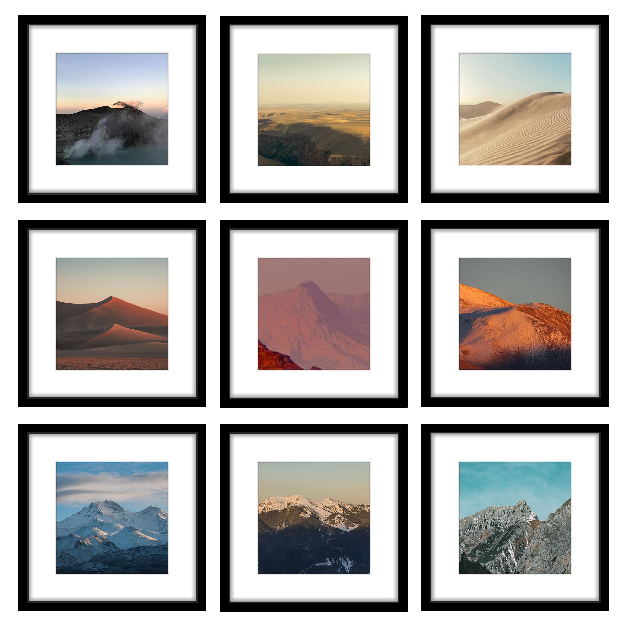 Photo 1 of Wiscet 12x12 Picture Frame Set of 9, Gallery Wall Frame Set Display Pictures 8x8 with Mat or 12 x 12 Without Mat, Square Collage Picture Frames for Wall, Black
