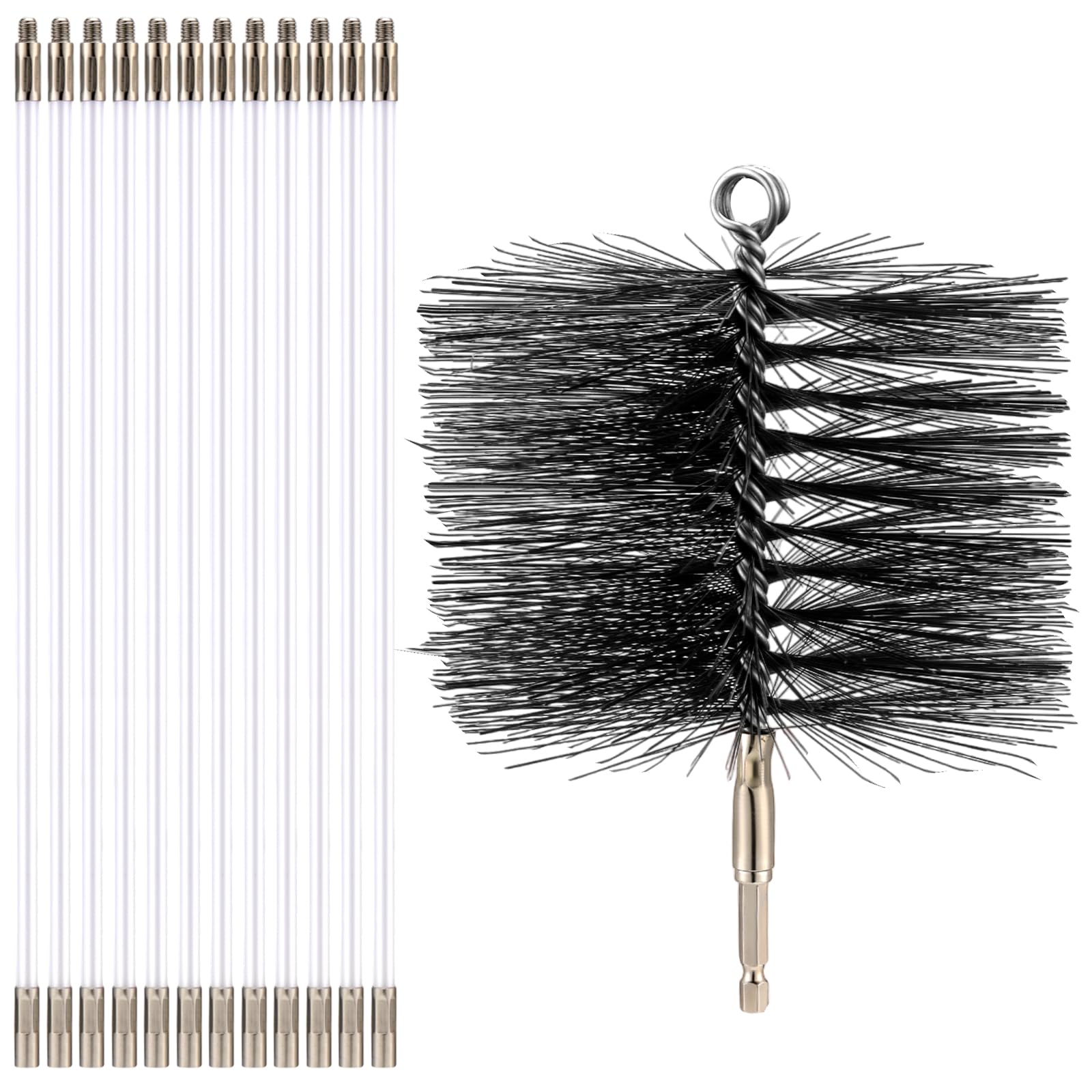 Photo 1 of Teenyyou Wire Chimney Cleaning Brush with 1/4" Npt Fitting and 12 Rods, 6 Inch Round Steel Chimney Cleaning Brush and 16 Inch Fiberglass Rods for Hearth Fireplace