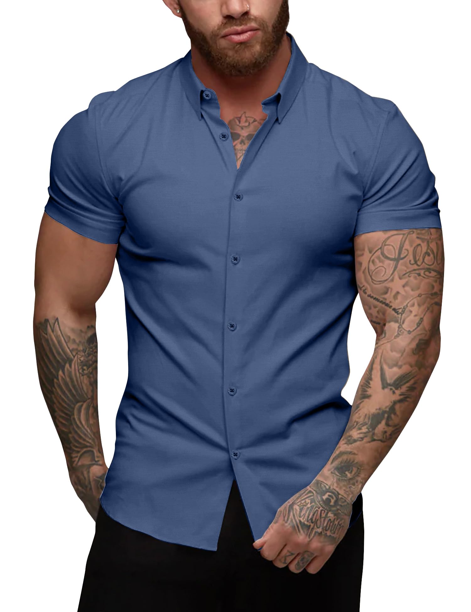 Photo 1 of URRU Men's Muscle Dress Shirts Slim Fit Stretch Short Sleeve Casual Button Down Shirts for Men, Dark Denim Blue, Large