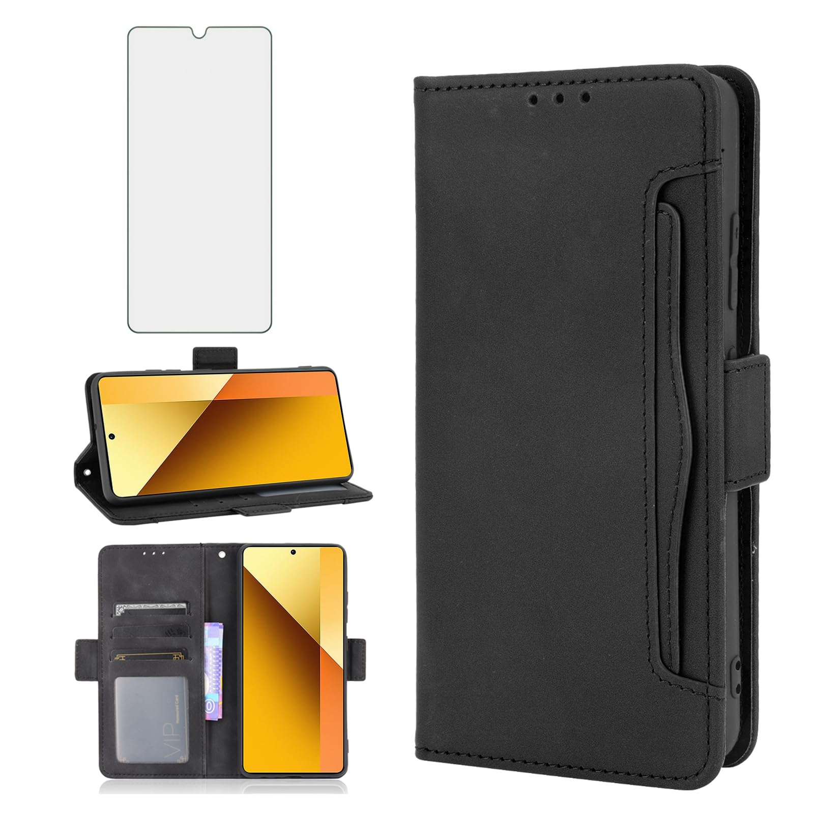 Asuwish Compatible With Xiaomi Redmi Note 13 5G Wallet Case Tempered Glass Screen Protector Card Holder StLeather Flip Cell Accessories Phone Cover for Redmi Note13 Women Men Black