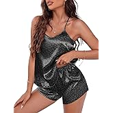 EKOUAER Silky Pajama Set for Women V-Neck Satin Camisole Lingerie Sets Party Loungewear Sleepwear