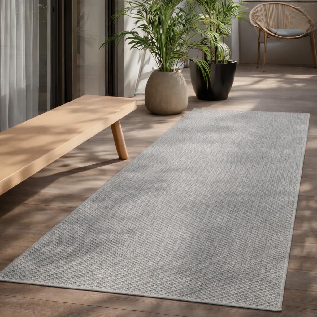 Mia's Teppiche the carpet Mistra Robust Outdoor Rug, Modern, Weatherproof and UV-Resistant, for Balcony, Patio and Conservatory, But Also Suitable for the Kitchen, Flat Woven, Grey, 80 x 200 cm