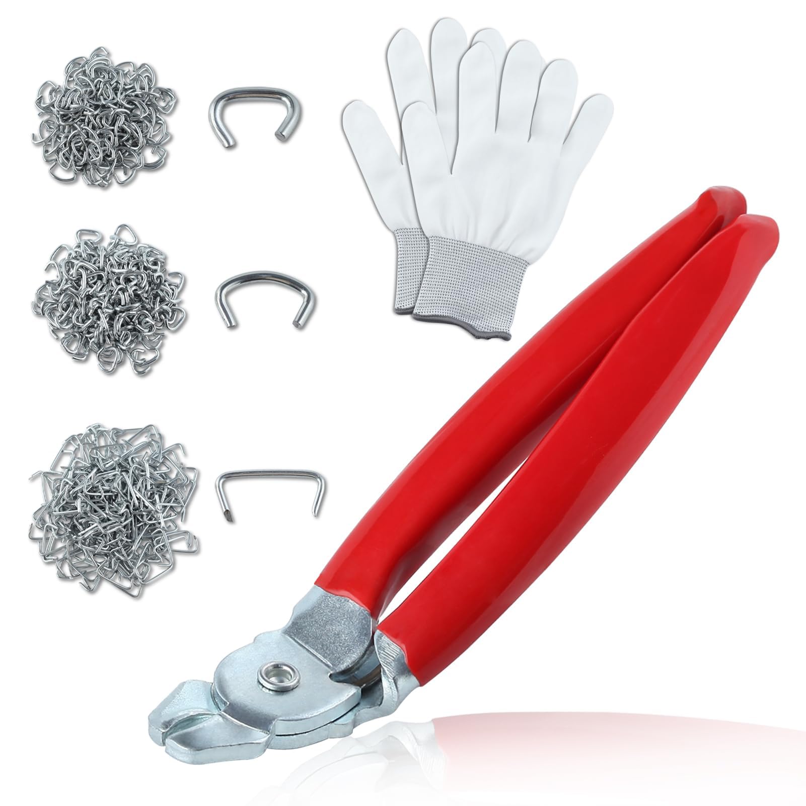 LEONTOOL 500 Pcs Hog Ring Pliers Kit, 3/4" 1/2" 3/8" Hog Rings with Hog Ring Pliers Angled, Professional Upholstery Hog Rings Installation Kit for Pet Cages, Fencing, Auto Cushions, Sausage Casings