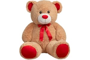 WENMOTDY Huge Teddy Bear Stuffed Animal Giant Teddy Bear Plush with Red Ribbon Bow Valentine's Day Plush Toy Gift for Girlfriend and Kids 36 inch Tan