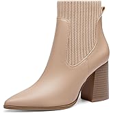 Coutgo Women Ankle Boots Sock Booties Pointed Toe Chunky Stacked High Heel Knit Chelsea Winter Dress Booties