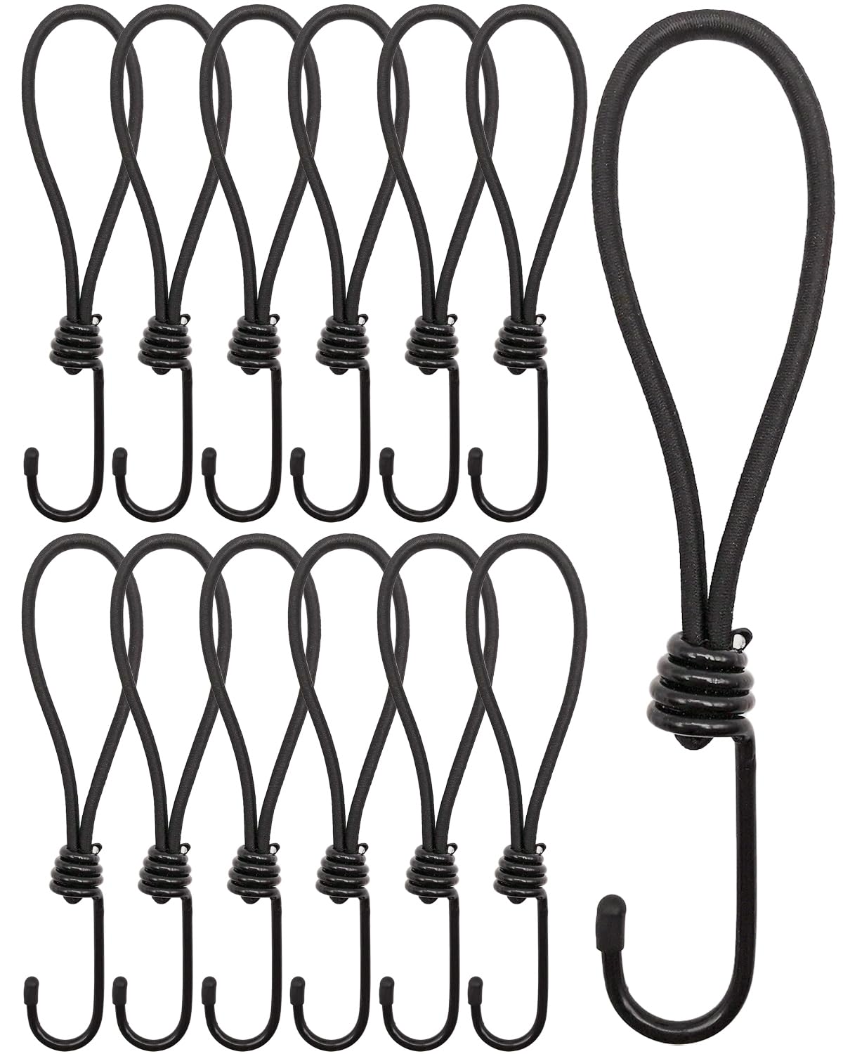 BINCKIN Short Bungee Cords with Hooks 20cm - 12 PCS Bungees Cord with Hook, Heavy Duty Bundy Cord with Hooks, Tarpaulin Hooks for Camping, Tents, Fixings (Black)