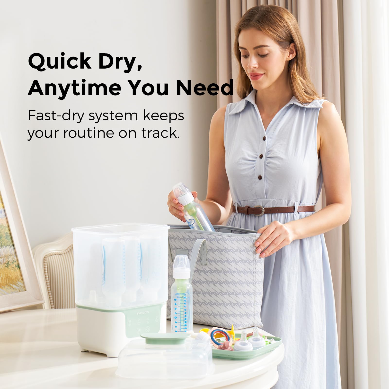 Momcozy Bottle Sterilizer and Dryer, Modular Nesting Space Saving Design, 6 Bottles Capacity, 4 in 1 Compact Sterilizer for Baby Bottles, Breast Pump Parts & Newborn Essentials, Drying Rack Included