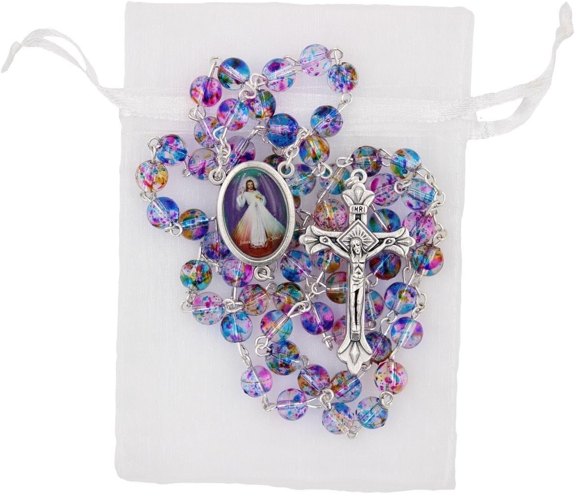 Bundle: 7mm Multi Color Glass Bead Divine Mercy 18-inch Rosary with Organza Storage Bag