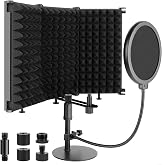 Rigych Microphone Isolation Shield, 3 Panels Sound Proof Mic Shield with Mic Stand and Pop Filter, High Density Absorbent Foam Mic Isolation Shield for Recording