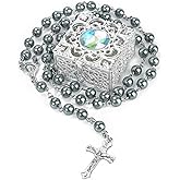 NCPLYGOU 8mm Rosary Beads Necklace, Rosary Beads Catholic for Men and Women Comes in a Metal Gift Box, First Communion Rosaries Necklace as Gifts(Gray)
