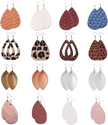 Leather Earrings Teardrop for Women Leopard Print Leather Earrings Lightweight Faux Leather Leaf Earrings 16 Pairs