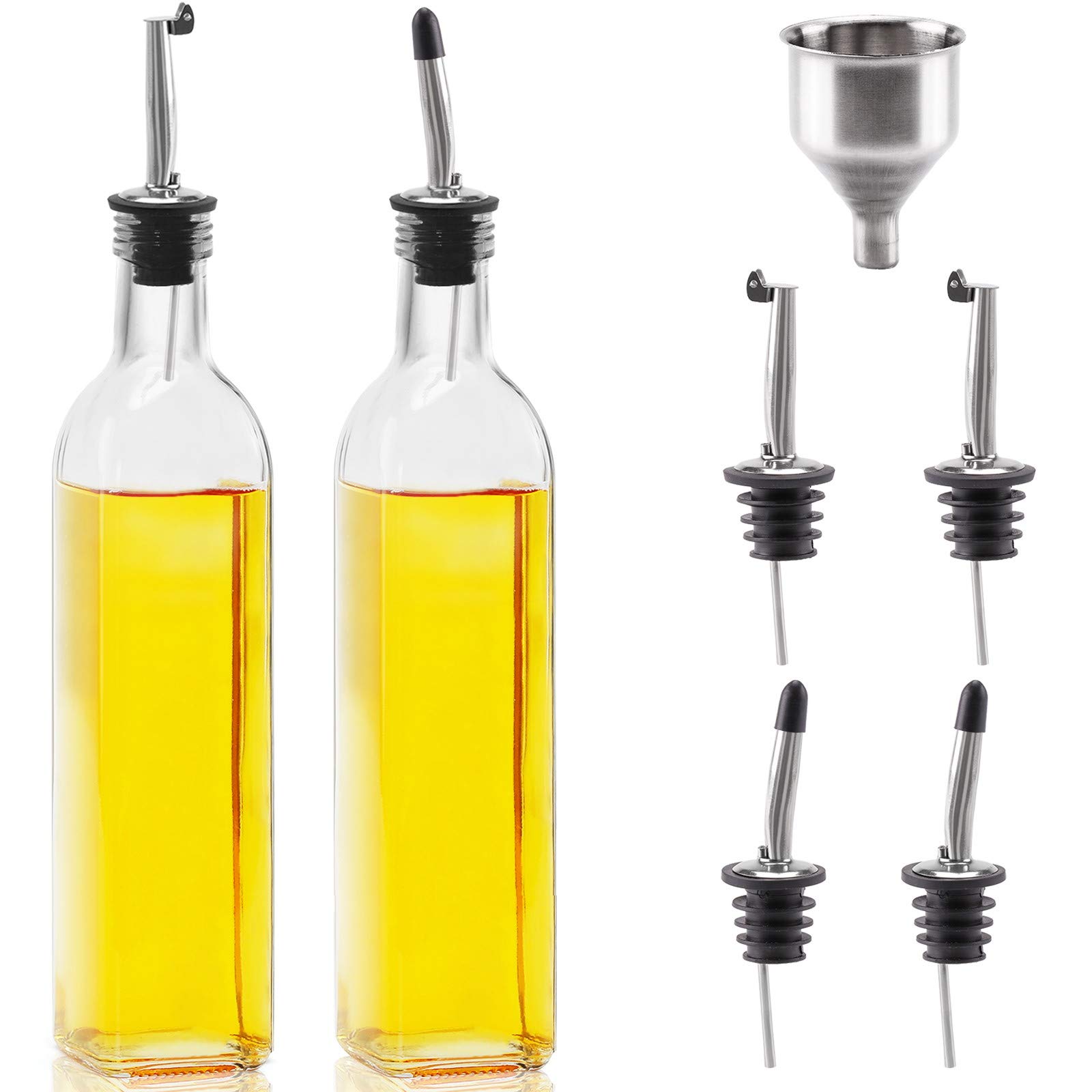 Mtophs [2 PACK] 17OZ Olive Oil Dispenser Glass Bottle Set - 500ml Oil & Vinegar Drizzler Bottle with Auto Flip Pourers, Funnel Clear