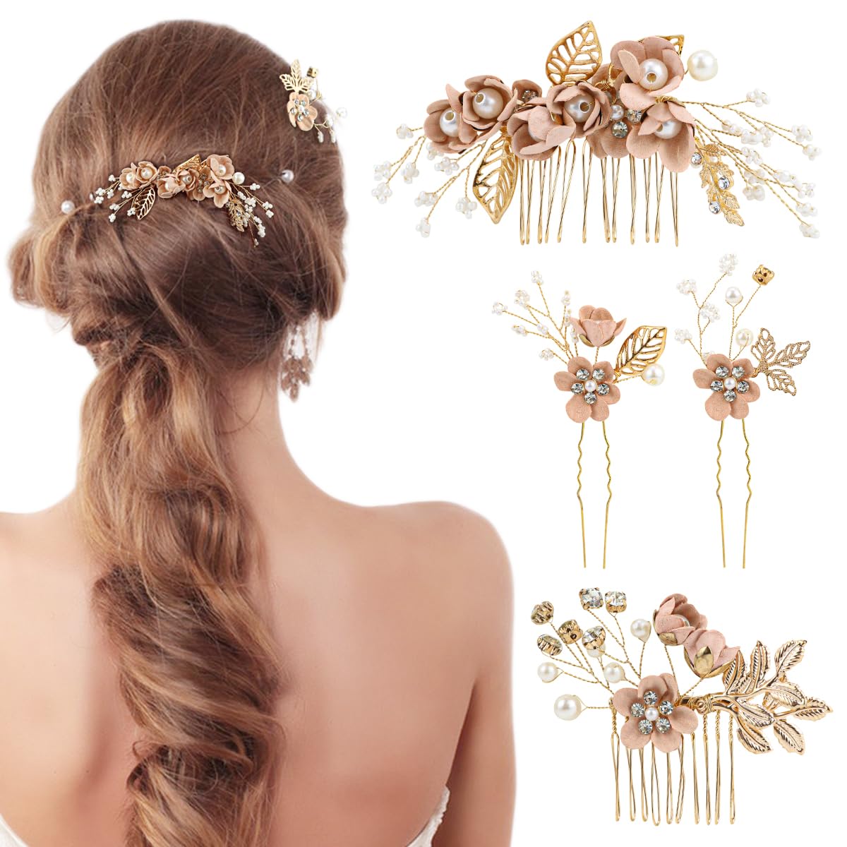 ZJIVQO 4pcs Handmade Wedding Hair Comb,Flower Hair Pins Set,Pearl Crystal Hair Clips For Bridal,Flower Hair Comb Set,Wedding Hair Accessories for Women