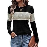 SherryDC Women Long Sleeve Tunic Shirts Lightweight Thin Sweater Color Block Ribbed Casual Crewneck Fall Top