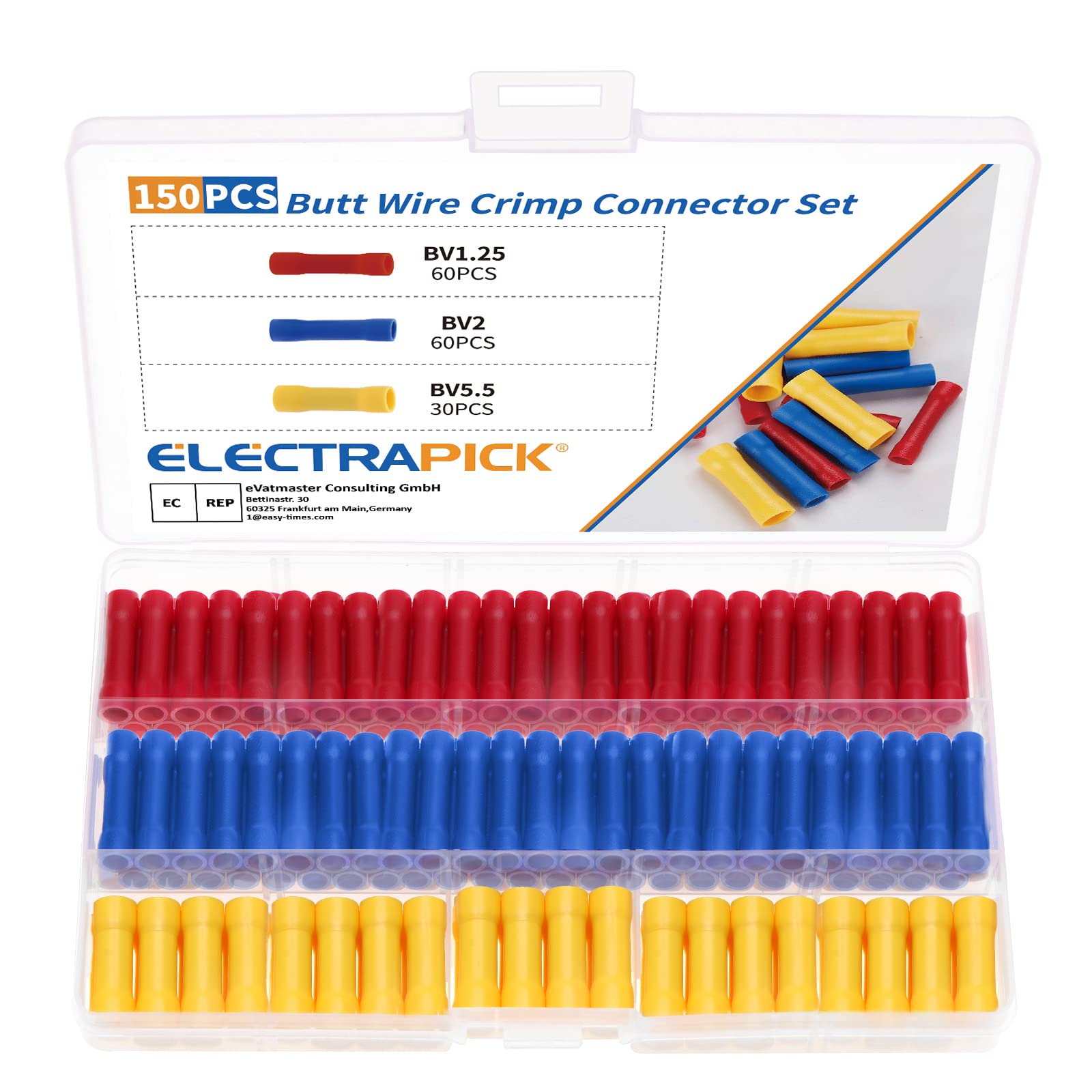 Electrapick 150Pcs Crimp Butt Connectors, Insulated Straight Electrical Connectors, Automotive Cable Crimp Terminals, Butt Splice Connectors(Blue/Red/Yellow)