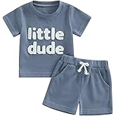 NZNDSHD Summer Baby Boy Clothes Short Sleeve Little Dude Mamas Boy Embroidered T-Shirt Tops Shorts Set Waffle Knit Outfit