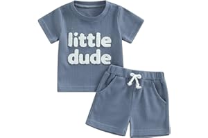 Blotona Embroidery Baby Boy Clothes Summer Short Sleeve Little Dude Print T-Shirt Tops Shorts Set Waffle Knit Outfit