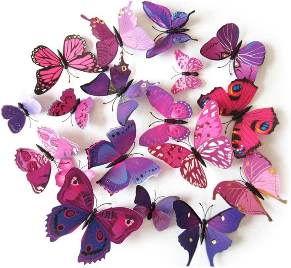 TRIXES 3D Butterflies Purple Pink, 3D, Pack of 12, Stick On Wall Magnetic Decoration Butterfly Wall Stickers