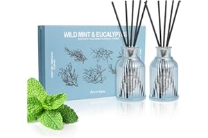 Aeeteek Wild Mint & Eucalyptus Reed Diffuser Set, 2-Pack Aroma Essential Oils, Basil and Ginger Scented Oil Home Fragrance wi