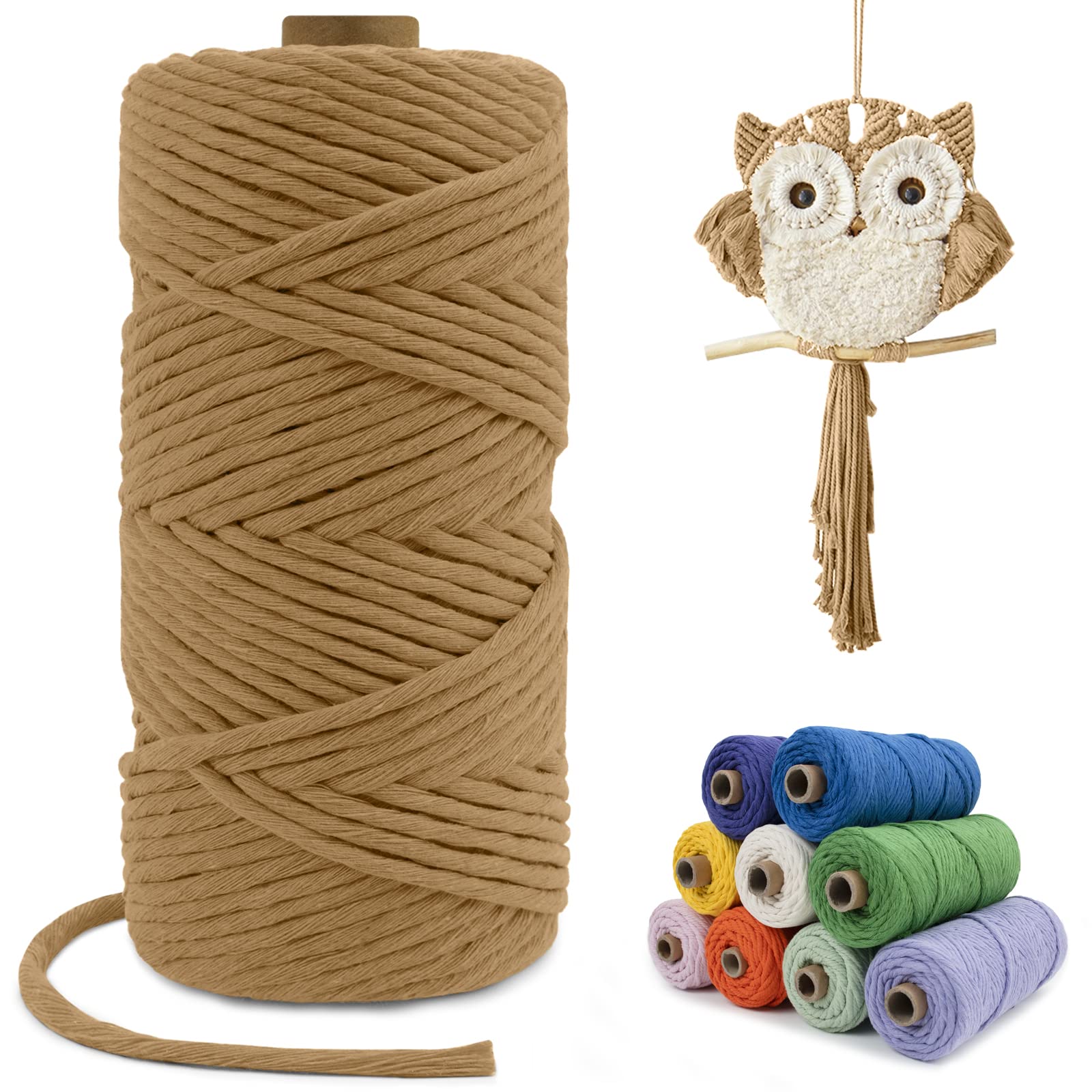 LEREATI Macrame Cord 4mm x 100m, Single Strand Thick Macrame Rope Yarn Natural Cotton Cord, Craft Macrame String for Plant Hanger, Wall Hanging, Knitting, DIY, Home Decorations (Coffee)