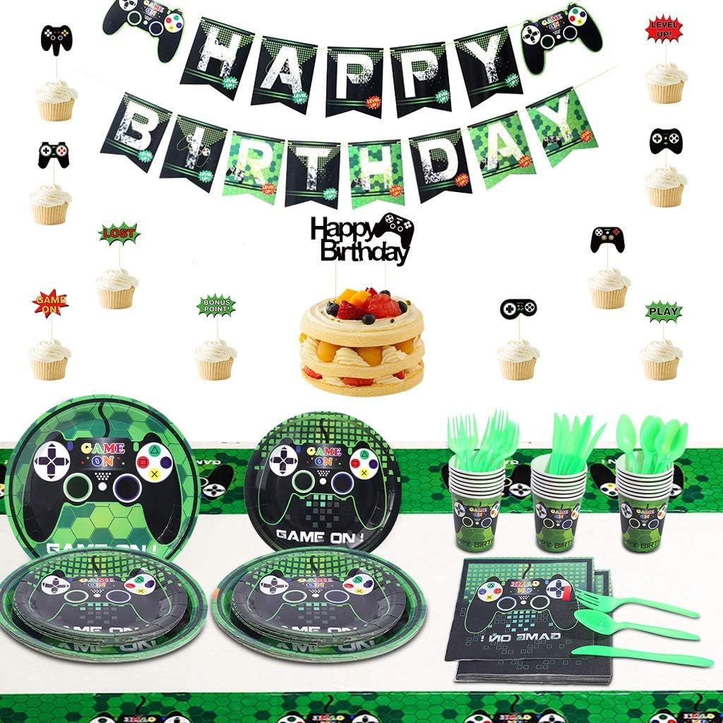 125PCS Video Game Party Supplies, Amycute Boys Video Game Themed Party Supplies Room Decor Set with Birthday Banner, Plates, Cups, Napkins, Tablecloth for Boys Kids Video Game Birthday - Serves 16: Kitchen & Dining