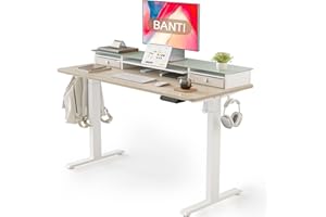 BANTI 48"x 26" Electric Standing Desk with Glass Top Monitor Stand, Adjustable Sit Stand Up Table with Double Drawer, Sit Stand Desk with Storage Shelf, Light Walnut Top