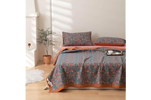Purefair 100% Cotton Jacquard Quilt Rustic Floral Leaves Print,Soft Muslin Bed Cover 3 Layers Reversible Bedspread Coverlet Breathable Lightweight Bedding,Full/Queen(78"x94"), No Pillow Sham