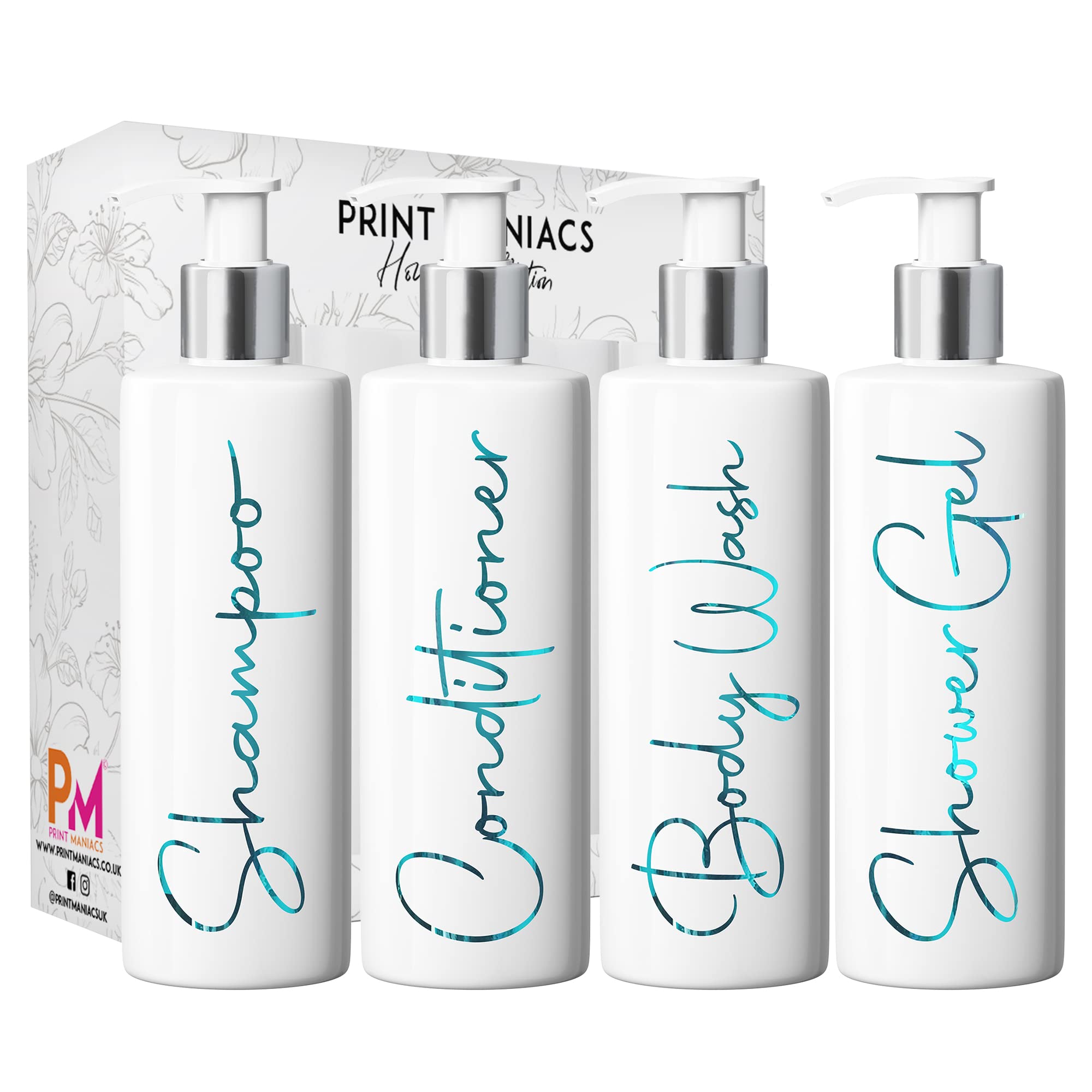 Print Maniacs White Mrs Hinch Inspired Personalised 500ml Pump Bottles Bathroom Lotion Kitchen Set Shampoo Conditioner ( Shower Gel Set, F2 ) (Teal)