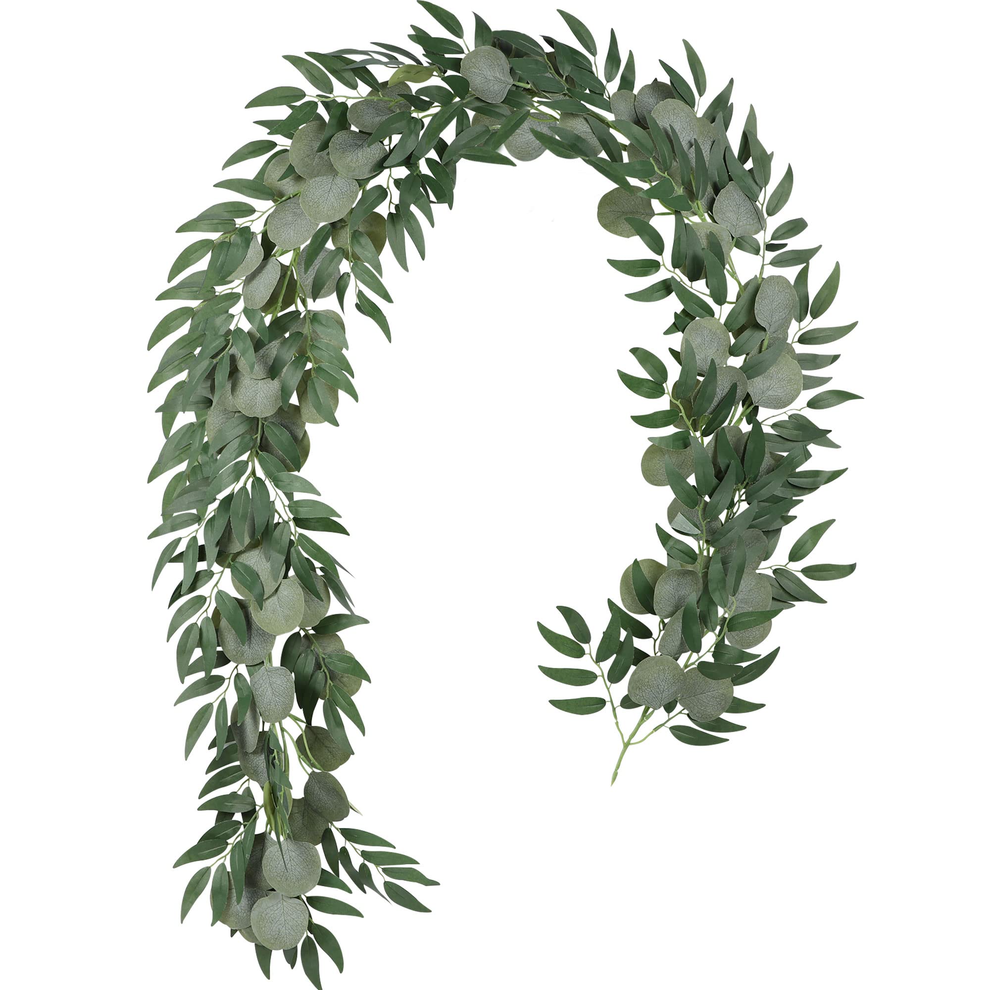 Famibay Artificial Eucalyptus and Willow Garland 6.5Ft Green Eucalyptus Garland Artificial Plant Table Runner Fake Hanging Vine Leaves for Wedding Wall Arch Home Decor (1Pcs)