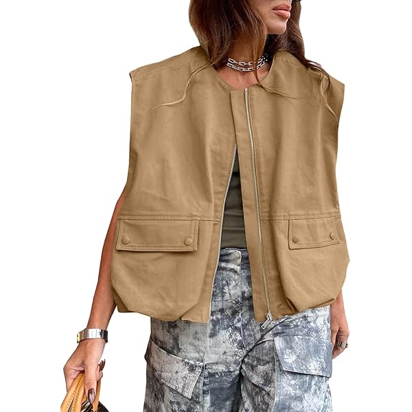 Shebote Womens Casual Zip Up Cargo Vest Top Oversized