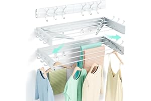 BAKON Wall Mounted Drying Rack, Indoor Outdoor Foldable Wall Mounted Clothes Drying Rack, Concealed Wall Drying Rack - Space Saving for Storage and Drying Clothes, 6 Hooks, 5 Poles (31.5"【Upgrade】)