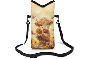 Suobstales Highland Cattle Sunflower Butterfly Print Neoprene Phone Sleeve for Women Men, Lightweight Cell Phone Pouch Case Bag with Crossbody Strap/Neck Lanyard for iPhone Samsung, 8 X 4 inch