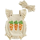 Baby Girl Easter Outfit Newborn Bunny Carrot Romper Sleeveless Jumpsuit with Headband