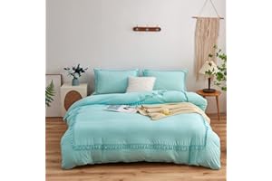 SOUKECHY 3PC Boho Chic Bedding,Duvet Cover Full, Tufted Tassel Fringe Farmhouse Duvet Cover,Solid Color,100% Washed Microfiber,Lightweight for All Season(Boho Blue, Full)