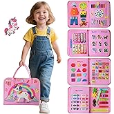 KAWITLO Montessori Toddler Busy Board Toys, Girls Unicorn Learning Sensory Toy, Toddler Travel Toy, Children's Educational Activity Busy Book, Birthday Gift (Pink)