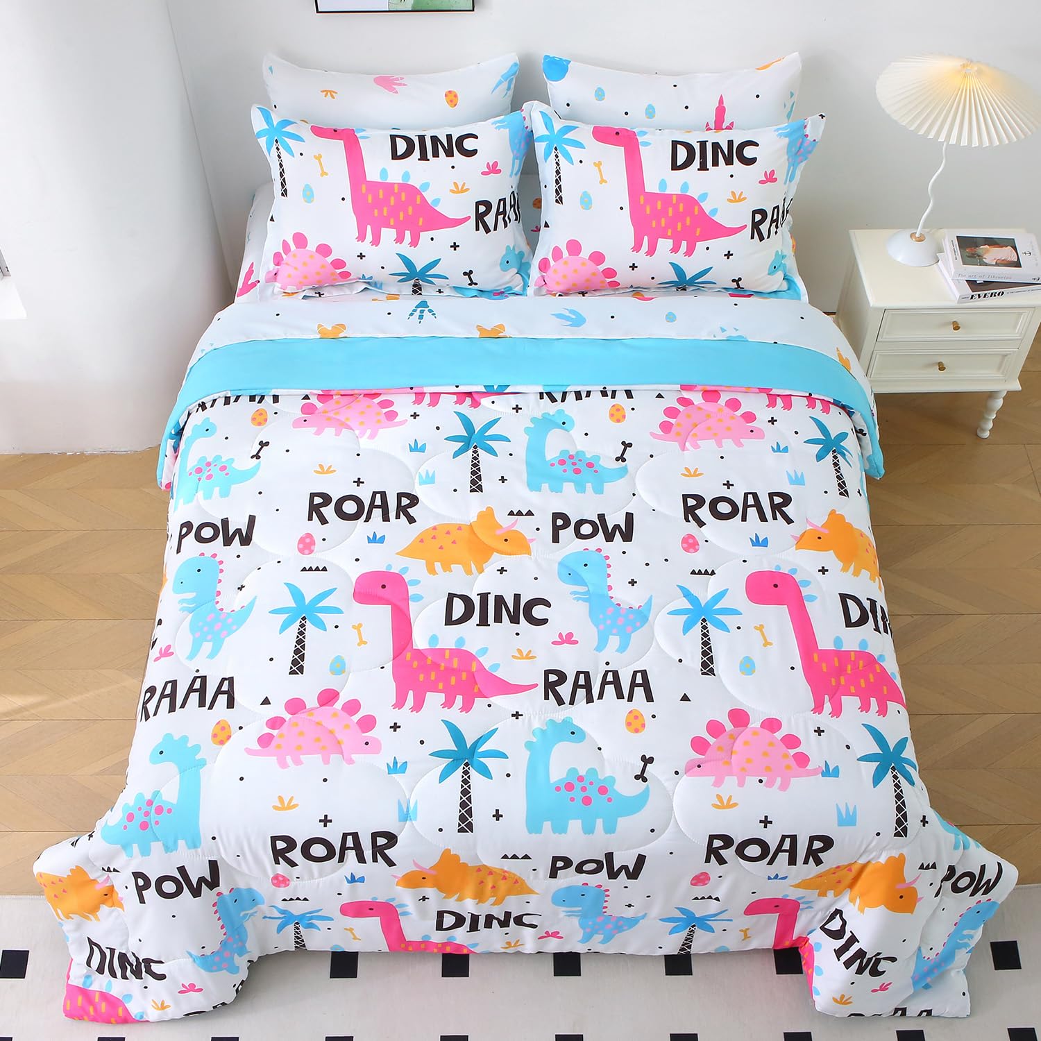 Wajade 7 Piece Kid Girls Dinosaur Comforter Set Twin Size 3D Pink Dinosaur Wild Park Jungle Print Bedding Set with Comforter, Sheet Set, Pillowcase and Sham Image