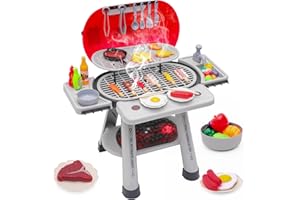 BRIXLYTOYS Kids BBQ Grill Toy with Light-Up & Smoke Effect – 68PCS Accessories & Play Food, Pretend Play Grill Set for Toddlers Ages 3+, Realistic Outdoor Barbecue Cooking Toy for Boys and Girls