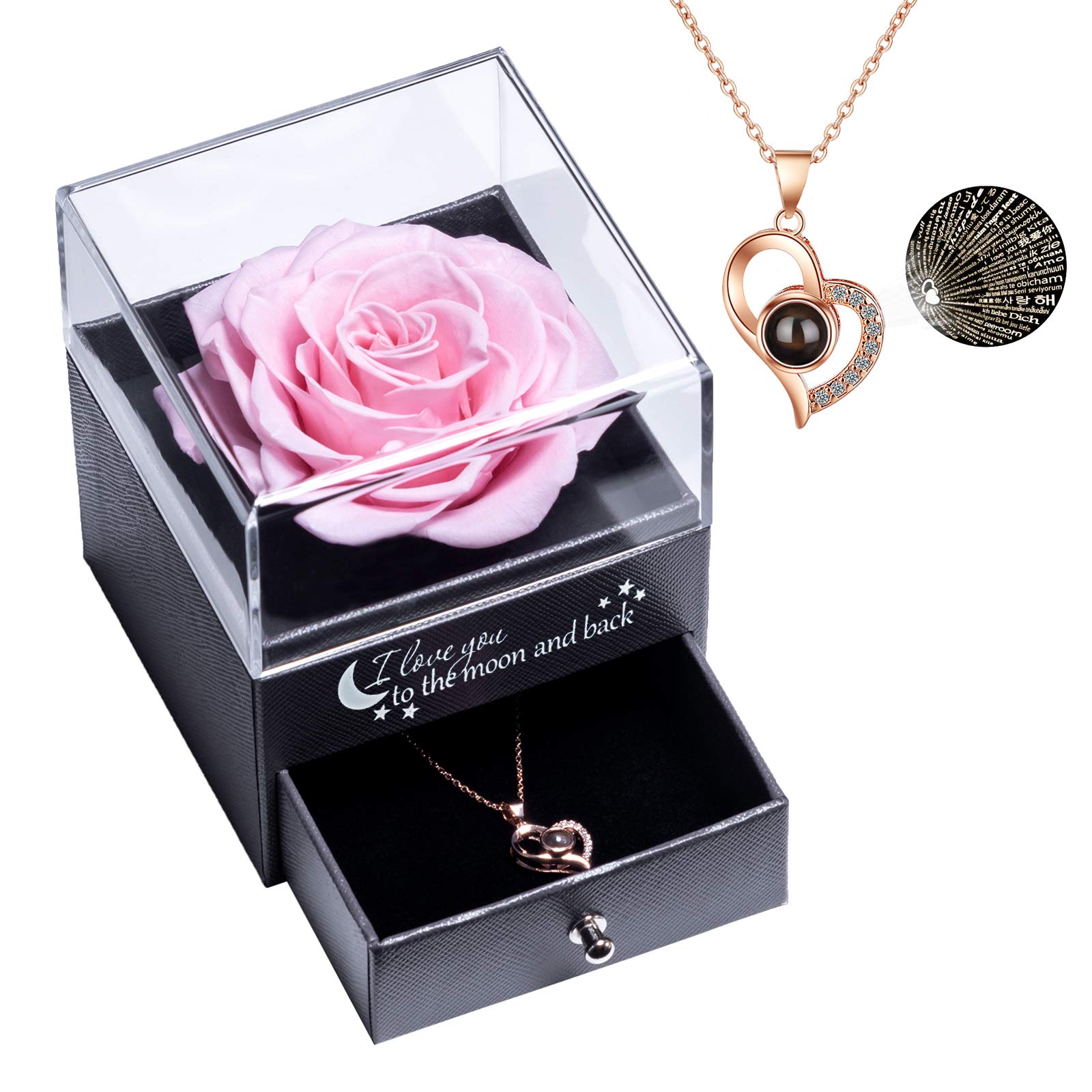 Real Preserved Rose with I Love You Necklace 100 Languages Jewelry Gift Box, Eternal Real Rose for Valentine's Day Mother's Day Wedding Anniversary Birthday Gift for Her, Pink