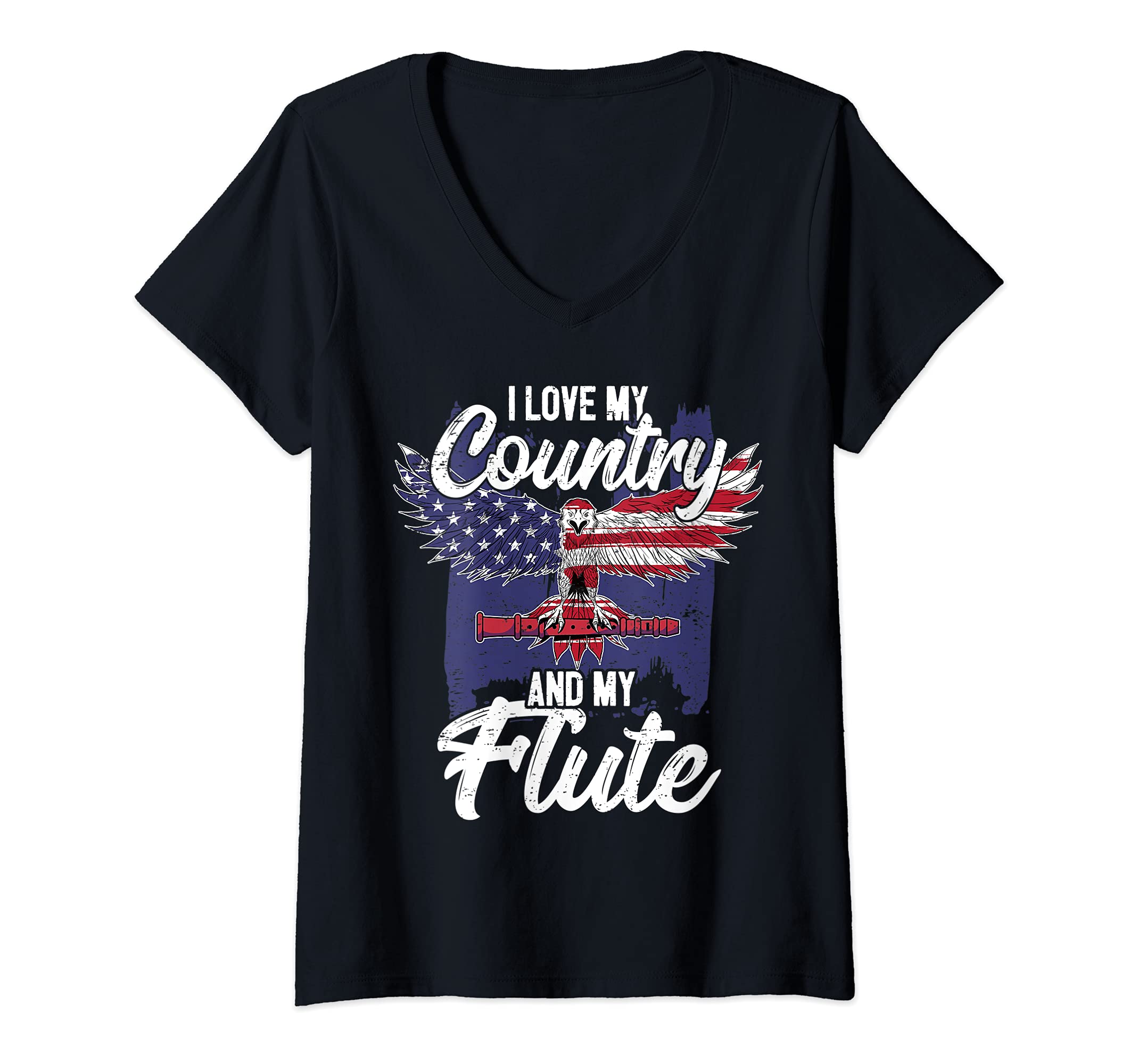 Womens Patriotic Flute Player Flutist I American Eagle USA V-Neck T-Shirt