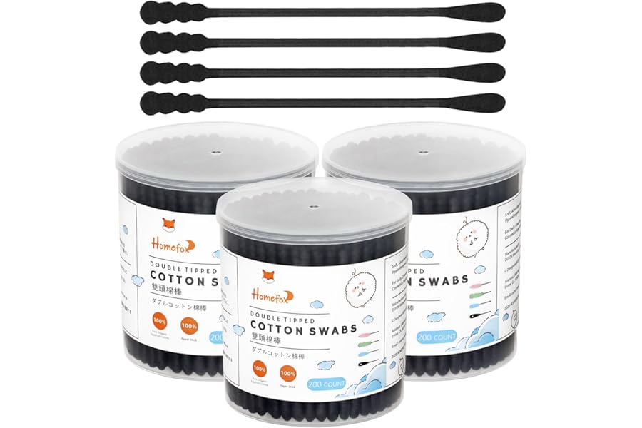HOMEFOX Black Cotton Swabs Spiral – 600 Count Organic Cotton Buds Double Side Tightly Wrapped Charcoal Cotton Tips Paper Stick Soft Gentle Lint-Free Cruelty-Free Goth Bathroom, Round & Spiral (Black)