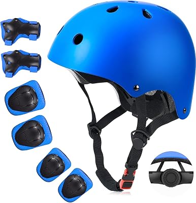 Kids Bike Helmet for Ages 5-15, Adjustable Safety Toddler Helmet with Protective Gear Set, Skateboard Scooter Helmets with Knee Elbow Pads Wrist Guards for Boys Girls (Medium, Pink) (Medium, Blue)