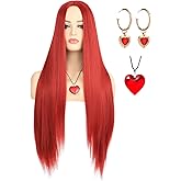 morvaly Womens Long Red Wig with Necklace and Earrings for Queen Costume Middle Part Deep Red Straight Hair Wigs for Adults Halloween Costume Cosplay