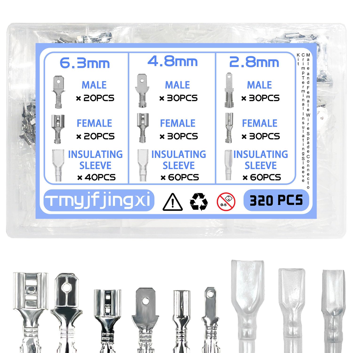 Photo 1 of Tmyjfjingxi 320PCS 2.8/4.8/6.3mm Spade Wire Terminal Connectors Male and Female Crimp Speaker Wire Connector with Insulating Sleeve for Car Audio Speaker Wiring WW003