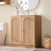 IFBUY 30 Inch Arched Bathroom Vanity with Sink, Fluted Design, Natural Oak | Modern Bathroom Vanity Cabinet w/Adjustable Storage Shelf, Freestanding Single Bathroom Vanity w/Ceramic Basin, Space-Saving